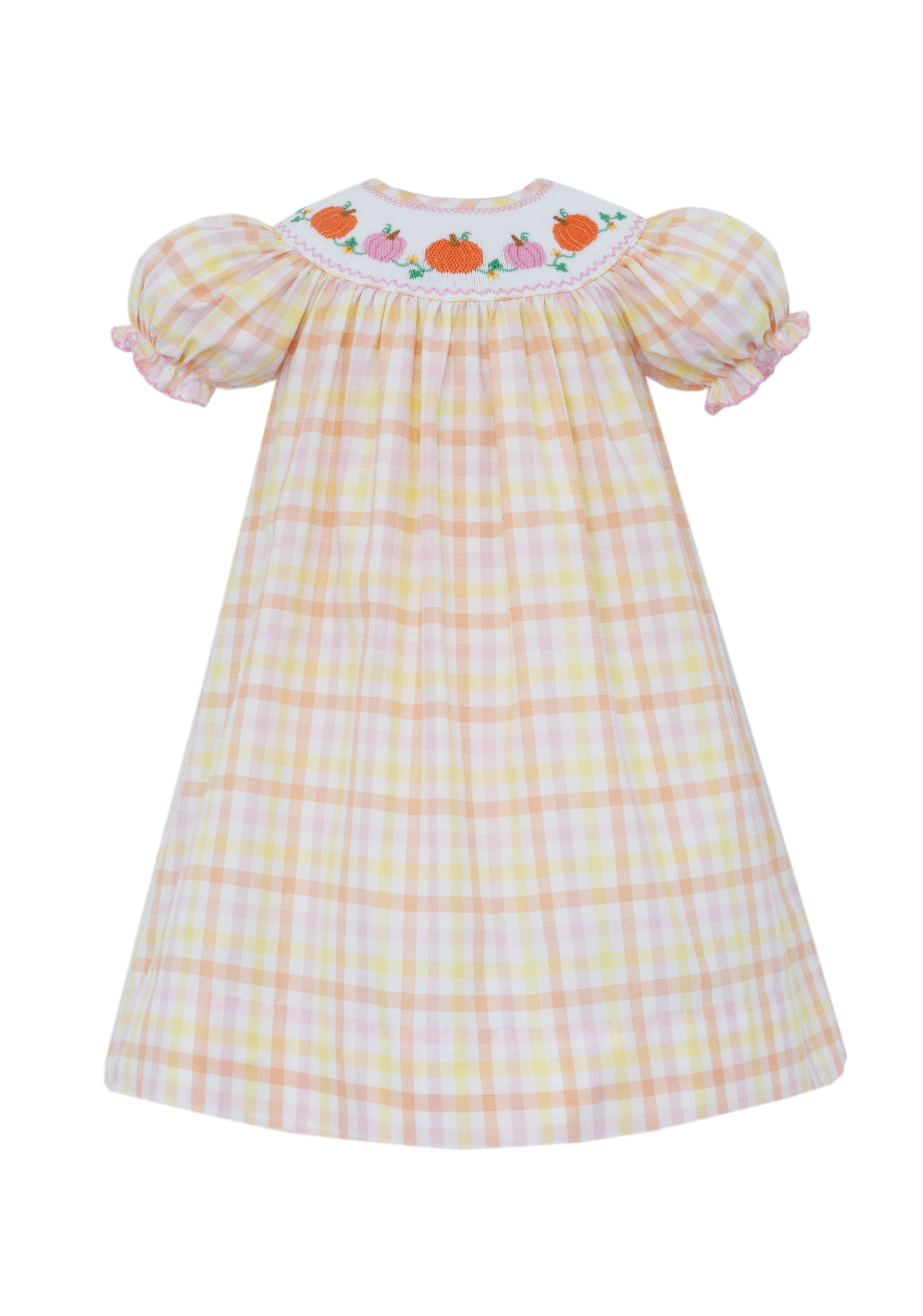 Robe-tablier pour fille en vichy smocké citrouille