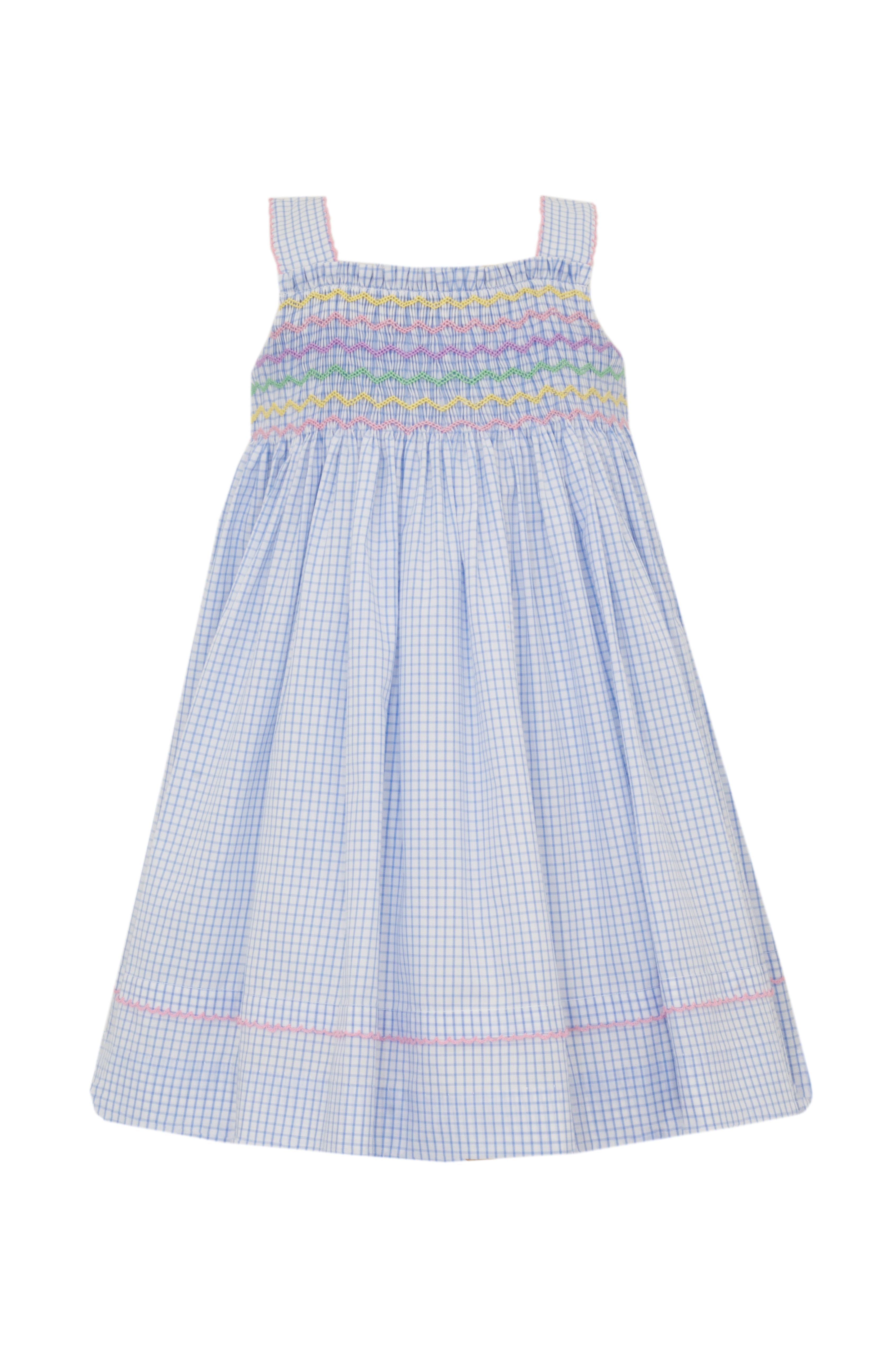 Robe d'été à carreaux bleus smockée arc-en-ciel