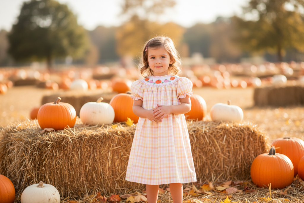 Girl's Pumpkin Smocked Gingham Bishop Dress - Lifestyle
