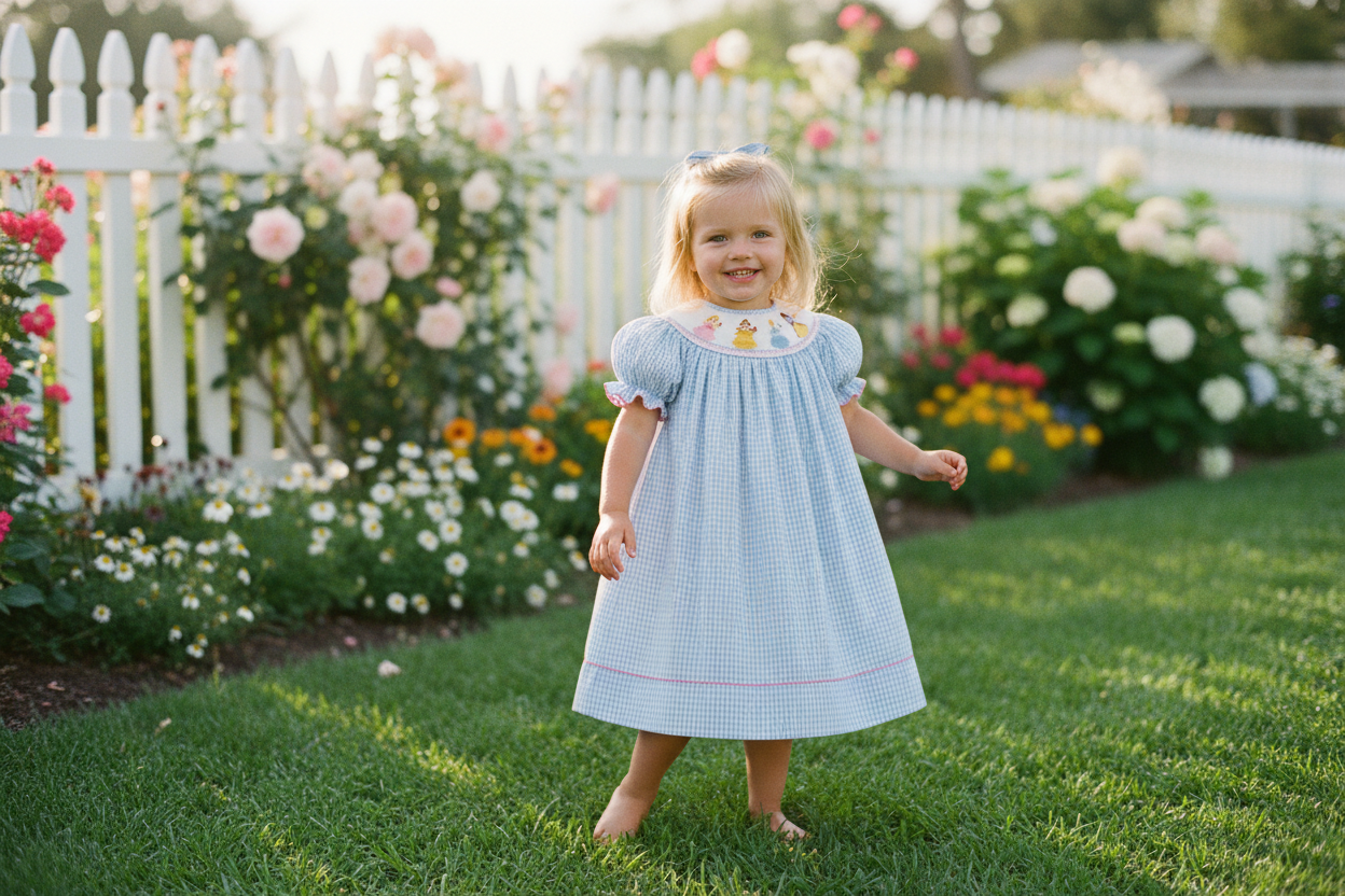 Smocked Blue Gingham Princess Dress on a little girl